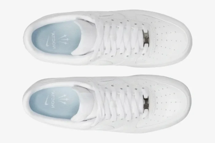 Top-down view of white Nike Air Force 1 Low x NOCTA sneakers featuring light blue branded insoles. - SKU CZ8065-100