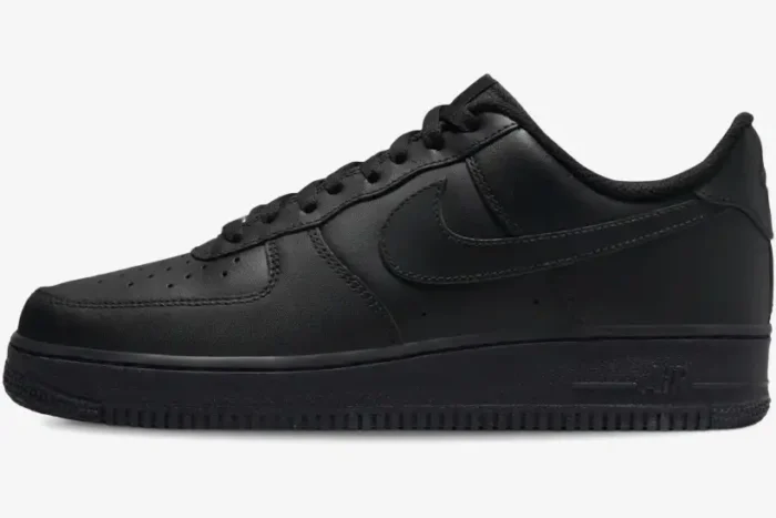 Side profile of a Nike Air Force 1 Low x Supreme in all-black leather with matching soles and laces. - SKU CW2288-001