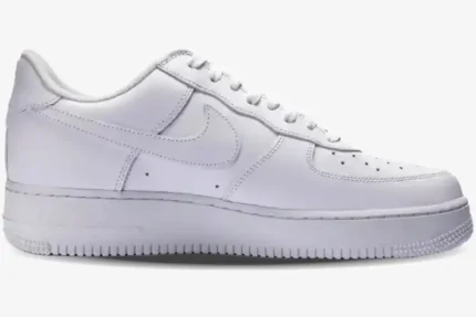Nike Air Force 1 Low x Supreme White sneaker shown from a side profile view with an all-white leather finish. - SKU CU9225-100