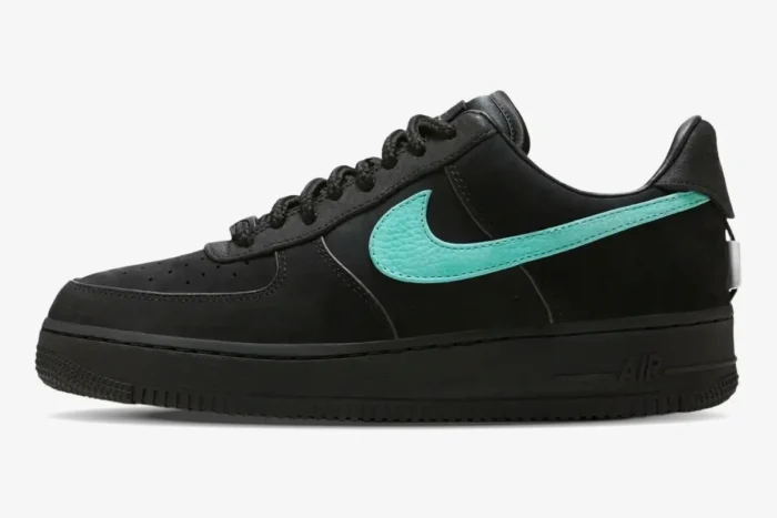 Nike Air Force 1 Low x Tiffany & Co. 1837 in black suede with a teal swoosh, side profile view. - SKU DZ1382-001