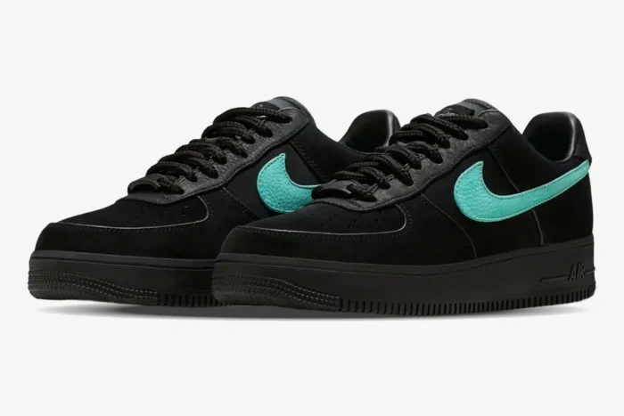 Black Nike Air Force 1 Low x Tiffany & Co. sneakers with teal swooshes, three-quarter view. - SKU DZ1382-001