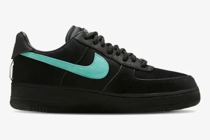Nike Air Force 1 Low x Tiffany & Co. 1837 in black suede with a Tiffany Blue swoosh, side profile view. - SKU DZ1382-001