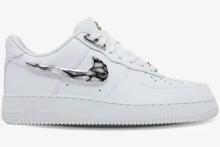 Nike Air Force 1 '07 PRM Molten Metal in white with a silver metallic swoosh, side profile view. - SKU FV3616-101