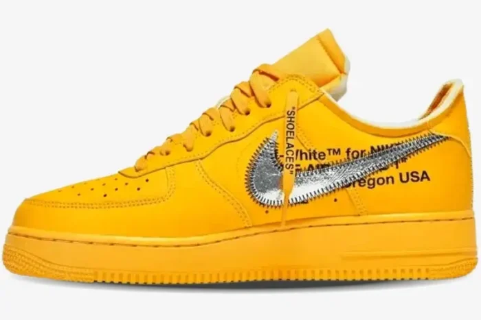 Side profile of Nike Air Force 1 Low x Off-White University Gold Lemonade sneakers with a silver Swoosh. - SKU DD1876-700