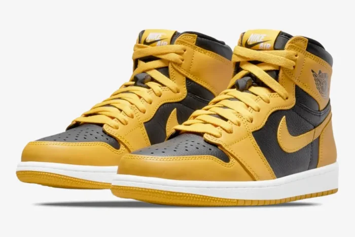 Air Jordan 1 High OG Pollen sneakers in yellow and black, three-quarter front view.