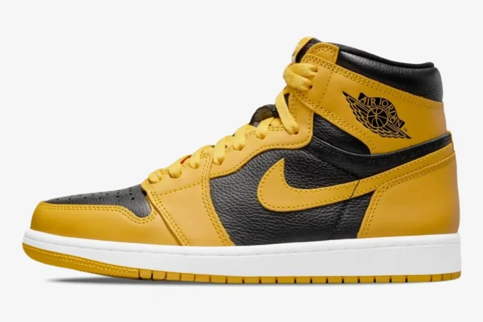 Side profile of Air Jordan 1 High OG Pollen sneakers in yellow and black leather with white midsoles.