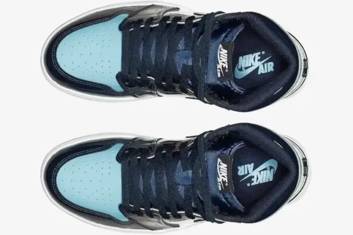 Top-down view of Air Jordan 1 High UNC Patent Women's sneakers in light blue and navy patent leather. - SKU CD0461-401