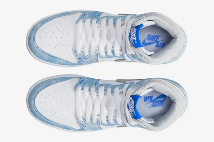 Top-down view of Air Jordan 1 Retro High OG Hyper Royal sneakers with white and light blue washed suede. - SKU 555088-402