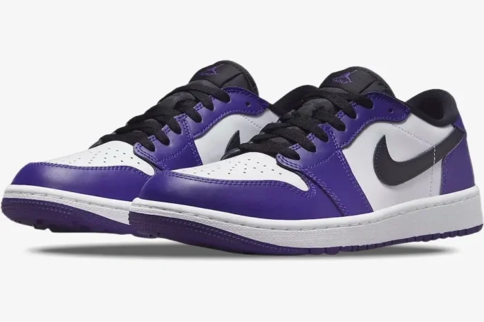 Air Jordan 1 Low Golf 'Court Purple' sneakers in a three-quarter front view with white, purple, and black panels. - SKU DD9315-105
