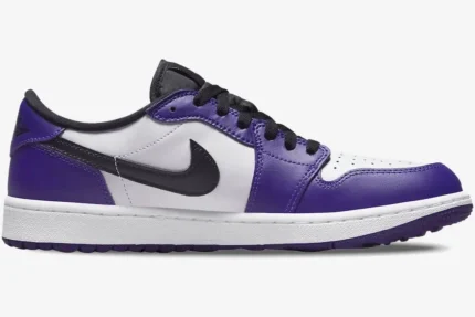 Side profile of Air Jordan 1 Low Golf 'Court Purple' sneaker with white base and black swoosh. - SKU DD9315-105