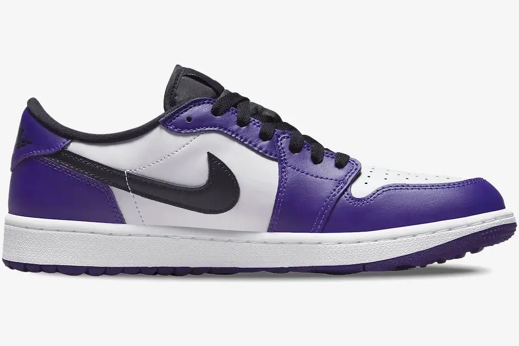 nike-air-jordan-1-low-golf-court-purple-side-dd9315-105-166-885 Side profile of Air Jordan 1 Low Golf 'Court Purple' sneaker with white base and black swoosh. - SKU DD9315-105