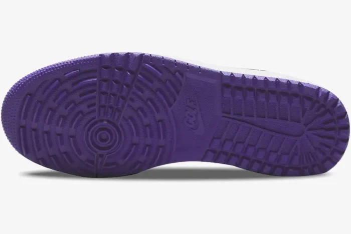 Bottom view of the Air Jordan 1 Low Golf 'Court Purple' showing the purple rubber outsole traction pattern. - SKU DD9315-105