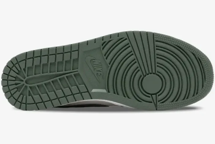 Bottom view of the military green outsole on a Women's Air Jordan 1 Low sneaker. - SKU 553558-121