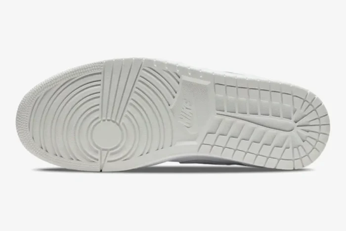 Bottom outsole view of the light grey Air Jordan 1 Low Paris City Pack sneaker. - SKU CV3043-100