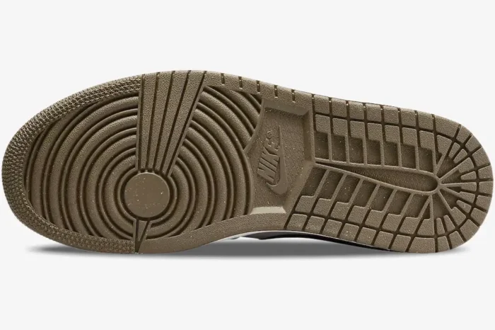 Sole view of Air Jordan 1 Low SE Light Olive sneakers showing the olive green rubber traction pattern. - SKU DV0426-301