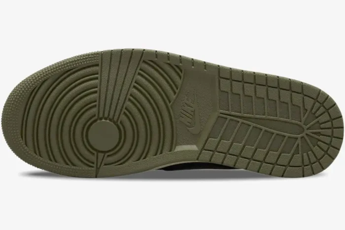 Bottom view of the olive green rubber outsole for Air Jordan 1 Low x Travis Scott Women's shoes. - SKU DZ4137-106