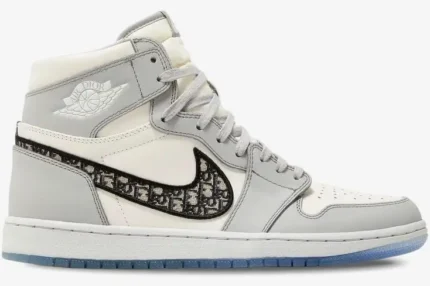 Side view of Air Jordan 1 Retro High x Dior in grey and white with monogram Swoosh. - SKU CN8607-002