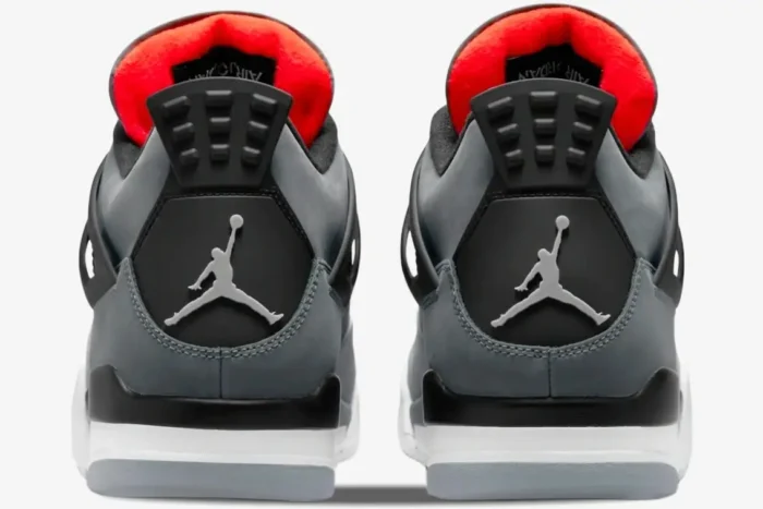 Rear view of grey Air Jordan 4 Retro Infrared sneakers with black heel tabs and white midsoles. - SKU DH6927-061