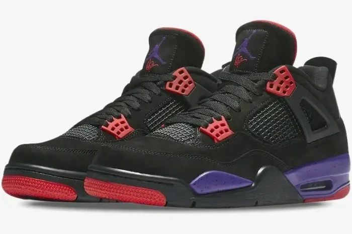 Air Jordan 4 Retro Raptors sneakers in black, purple, and red, shown from a three-quarter front angle. - SKU AQ3816-065