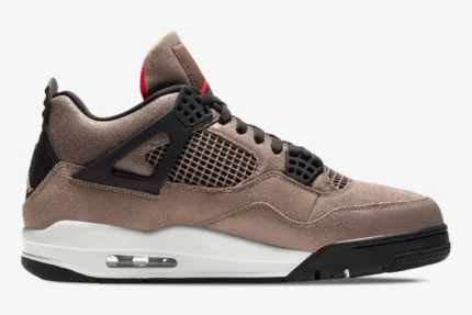 Side profile of the Air Jordan 4 Retro Taupe Haze sneaker featuring a cracked brown upper and black accents. - SKU DB0732-200