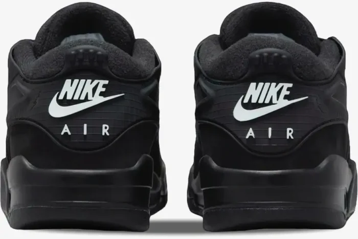 Rear view of black Air Jordan 4 RM Black Cat Remastered sneakers showing the Nike Air heel logo. - SKU FQ7939-004