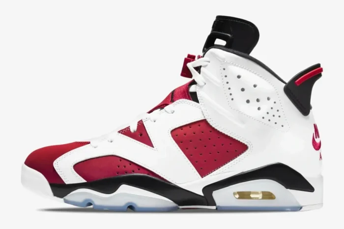 Side profile of the Air Jordan 6 Retro Carmine sneaker in white and red with a black midsole. - SKU CT8527-100