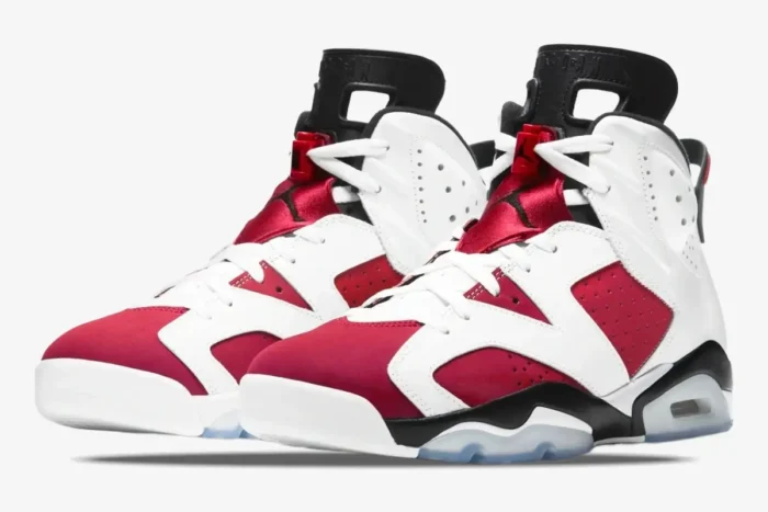 Air Jordan 6 Retro Carmine sneakers in white and red, three-quarter side view. - SKU CT8527-100
