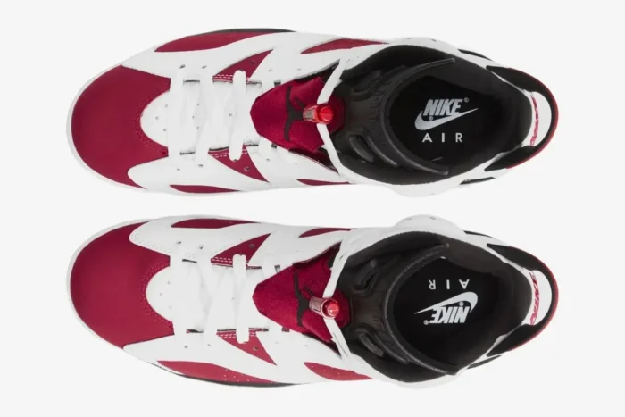 Top-down view of Air Jordan 6 Retro Carmine sneakers in white and red with black accents. - SKU CT8527-100