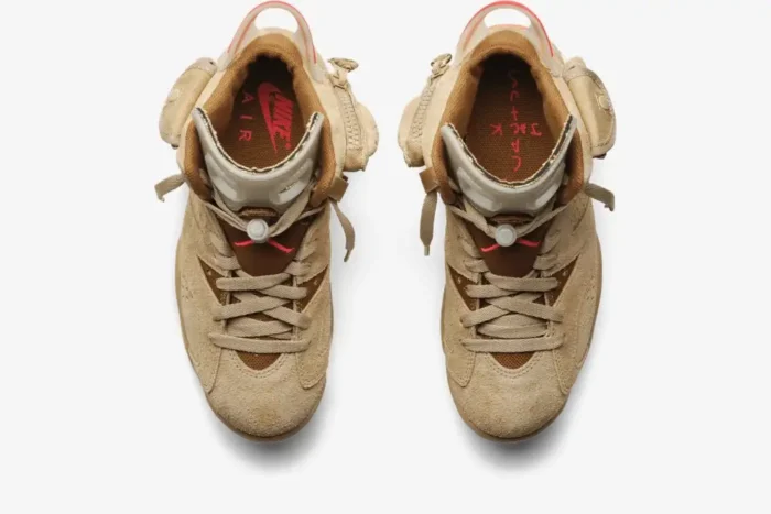 Top-down view of Air Jordan 6 Retro x Travis Scott British Khaki sneakers showing suede uppers and stash pockets. - SKU DH0690-200