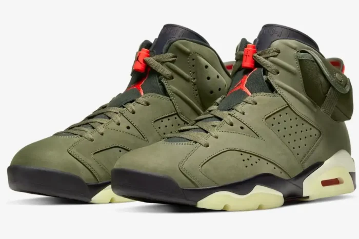 Air Jordan 6 Retro x Travis Scott in Medium Olive, three-quarter front view showing side pocket detail. - SKU CN1084-200