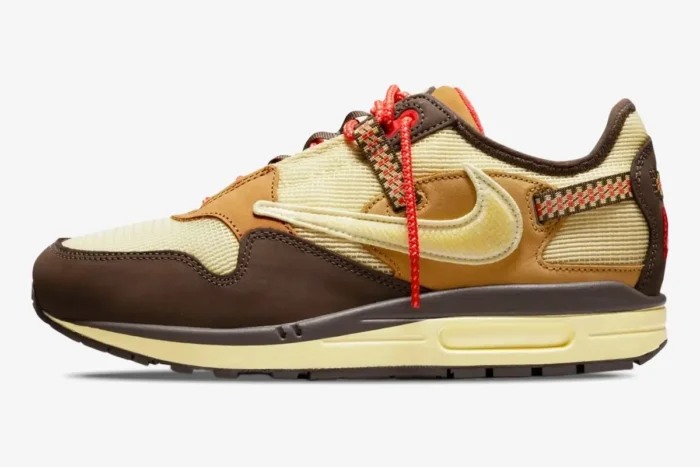 Nike Air Max 1 x Cactus Jack Baroque Brown sneaker in a side profile view with reversed swoosh. - SKU DO9392-200