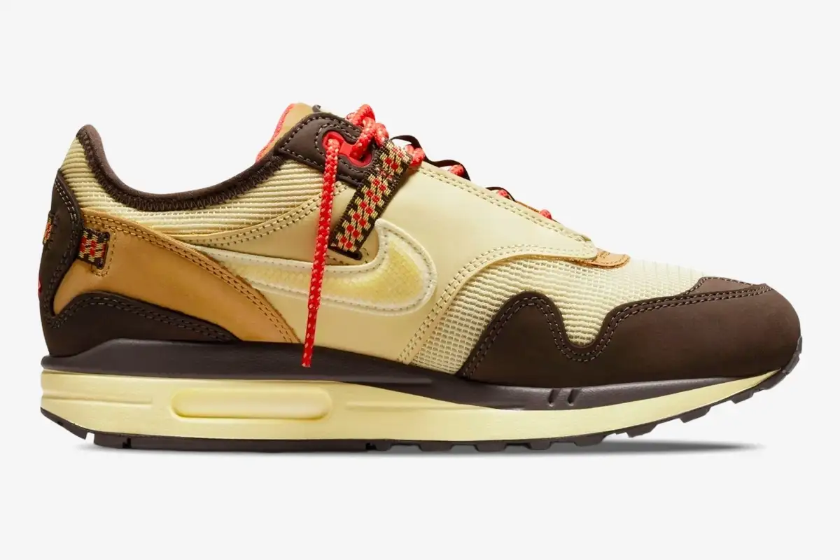 nike-air-max-1-cactus-jack-baroque-brown-side-do9392-200-415-935 Nike Air Max 1 x Cactus Jack Baroque Brown sneaker, lateral side profile view with earth tones and red laces. - SKU DO9392-200