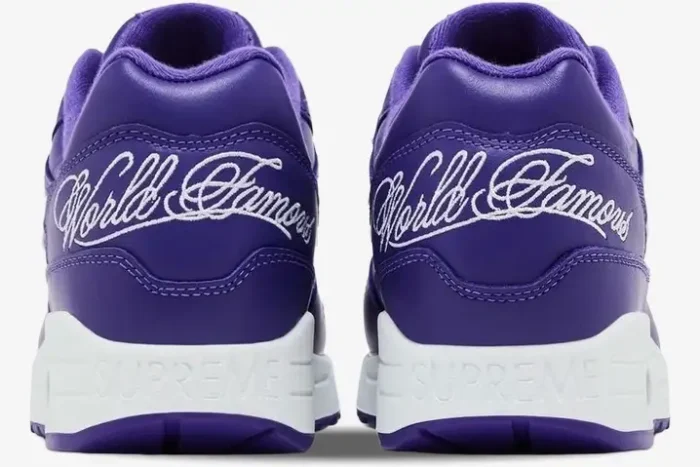 Rear view of Nike Air Max 1 x Supreme Purple White sneakers with World Famous embroidery. - SKU HF8813-500