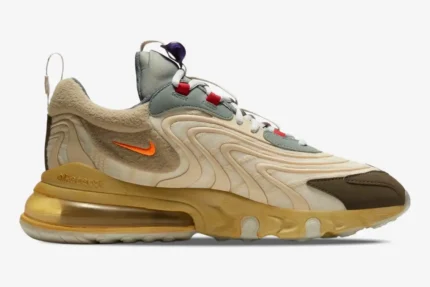 Nike Air Max 270 React x Travis Scott Cactus Trails sneaker in beige and tan, side profile view. - SKU DD8798-200