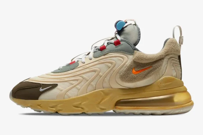 Side profile of Nike Air Max 270 React x Travis Scott Cactus Trails in cream, brown, and yellow. - SKU DD8798-200