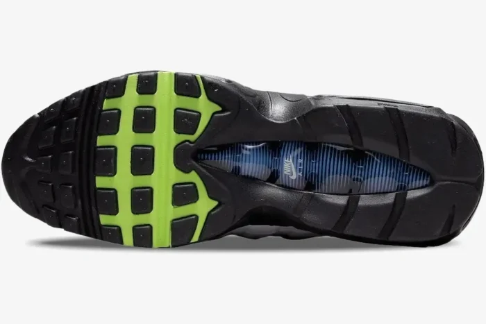 Bottom outsole view of Nike Air Max 95 in black and lime green with blue Nike Air branding. - SKU DQ0268-001
