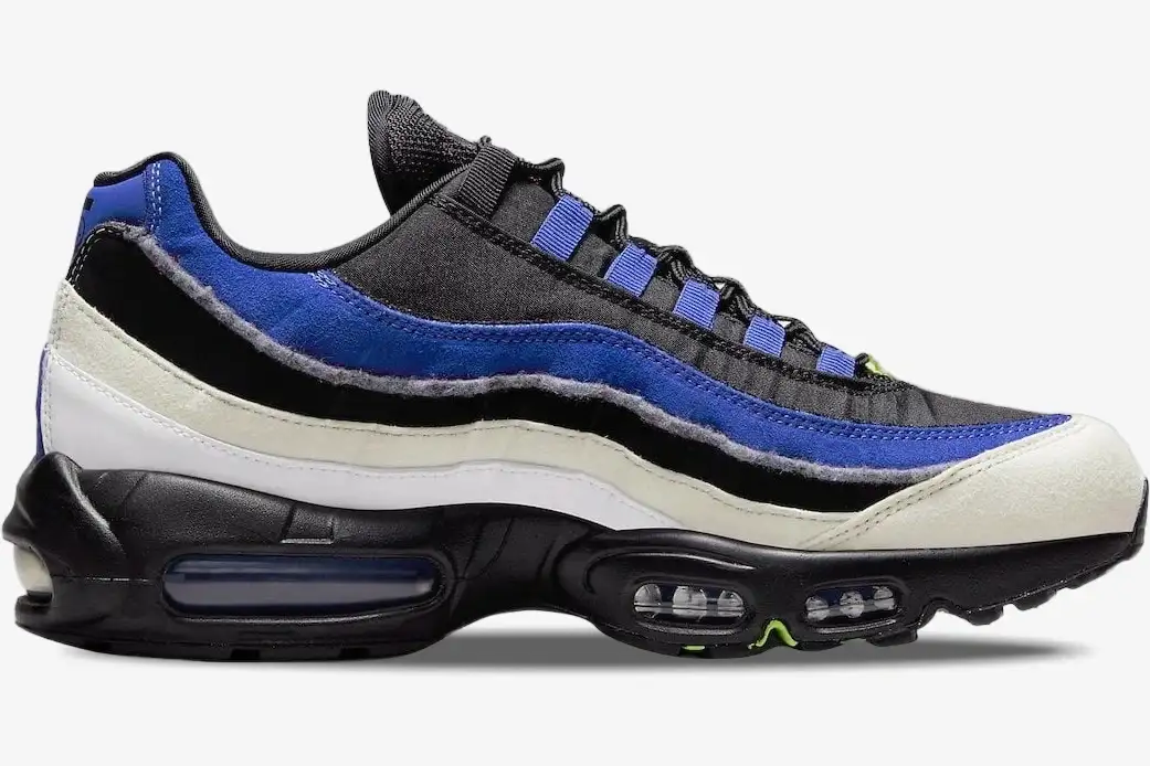 nike-air-max-95-black-blue-white-side-view-dq0268-001-324-059 Side view of Nike Air Max 95 Double Swooshes in black, blue, and white with visible Air units. - SKU DQ0268-001