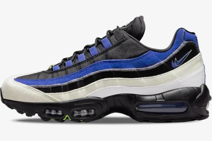 Side view of Nike Air Max 95 Double Swooshes in black, blue, and white with visible Air units. - SKU DQ0268-001