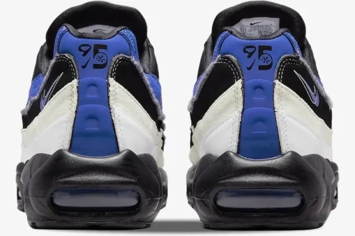 Rear view of Nike Air Max 95 Double Swooshes in black, blue, and white with '95' heel logo. - SKU DQ0268-001