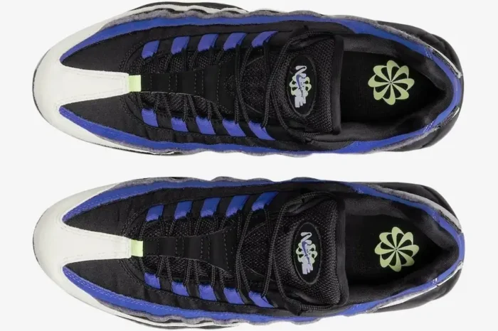 Top-down view of Nike Air Max 95 Double Swooshes sneakers in black, blue, and white. - SKU DQ0268-001