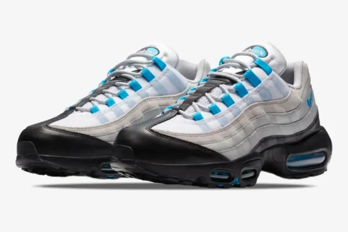 Nike Air Max 95 Special Edition Laser Blue sneakers in white, grey, and black, shown from a three-quarter front angle. - SKU CZ8684-001
