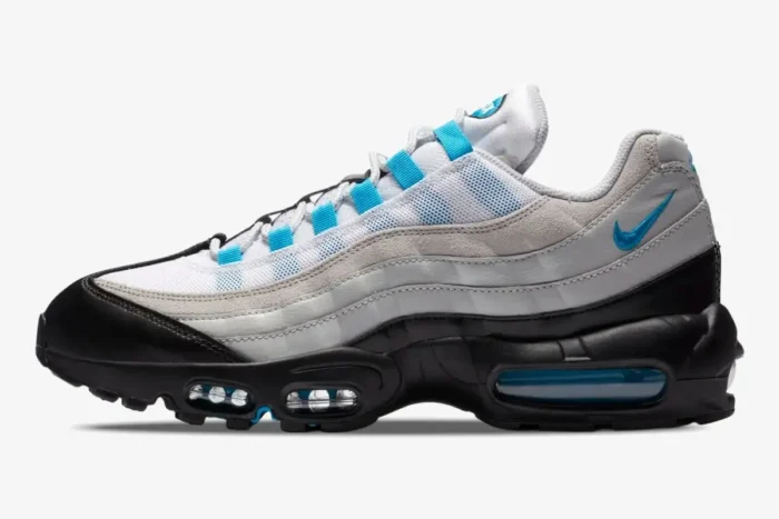 Side view of Nike Air Max 95 Special Edition Laser Blue 2020 sneakers with grey gradient and black sole. - SKU CZ8684-001