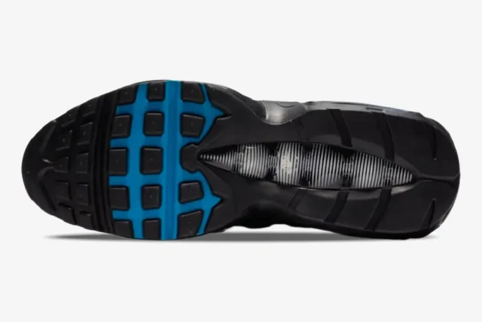 Outsole view of Nike Air Max 95 Special Edition Laser Blue 2020 with black and blue traction patterns. - SKU CZ8684-001