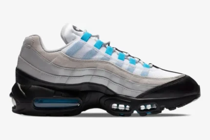 Side profile of Nike Air Max 95 Special Edition Laser Blue 2020 with white mesh and grey gradient overlays. - SKU CZ8684-001