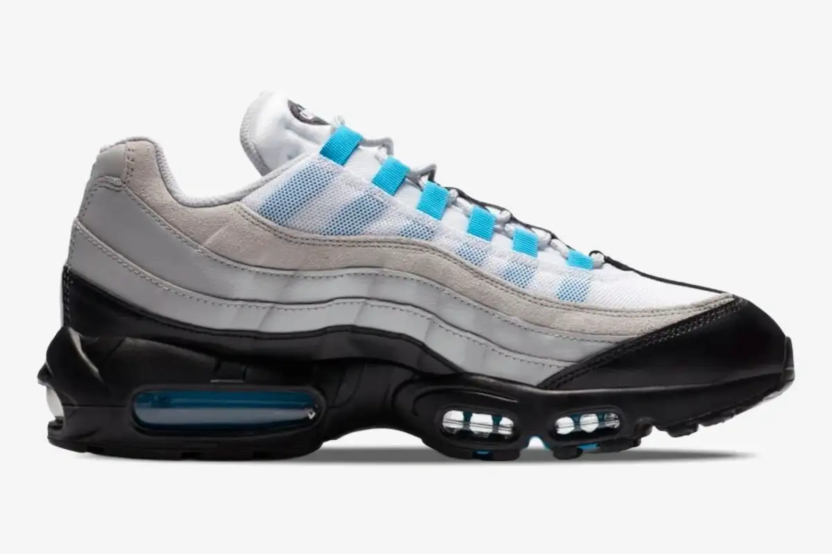 nike-air-max-95-laser-blue-side-view-cz8684-001-778-578 Side profile of Nike Air Max 95 Special Edition Laser Blue 2020 with white mesh and grey gradient overlays. - SKU CZ8684-001