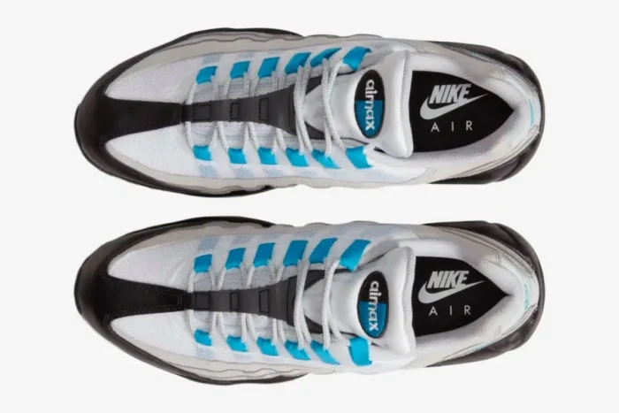 Top-down view of Nike Air Max 95 Special Edition Laser Blue 2020 sneakers with white mesh and blue accents. - SKU CZ8684-001