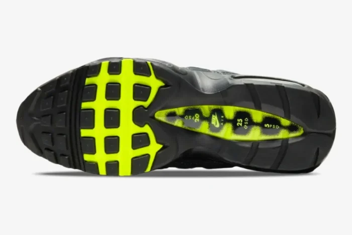 Bottom view of Nike Air Max 95 OG Neon Grey Black outsole with neon yellow accents and PSI markings. - SKU 554970-071