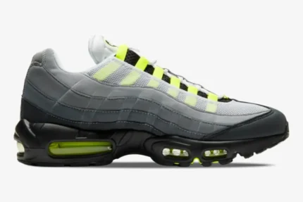 Nike Air Max 95 OG Neon Grey Black sneaker in a lateral side profile view with volt accents. - SKU 554970-071