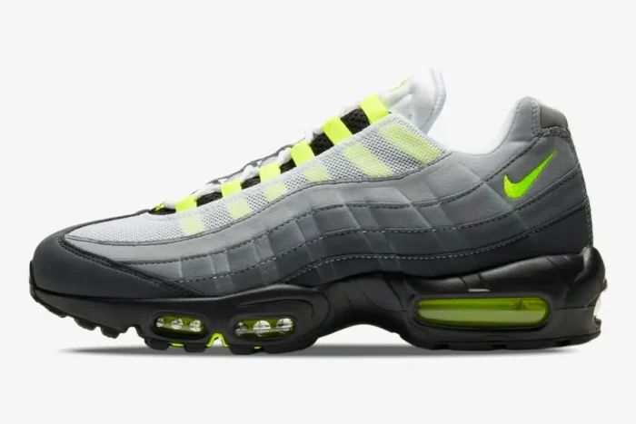 Nike Air Max 95 OG Neon Grey Black sneaker in a side profile view with neon yellow accents. - SKU 554970-071