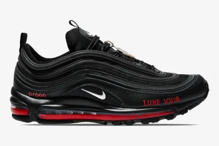 Black Nike Air Max 97 MSCHF Satan Shoe custom with red accents and Luke 10:18 text, side profile view.